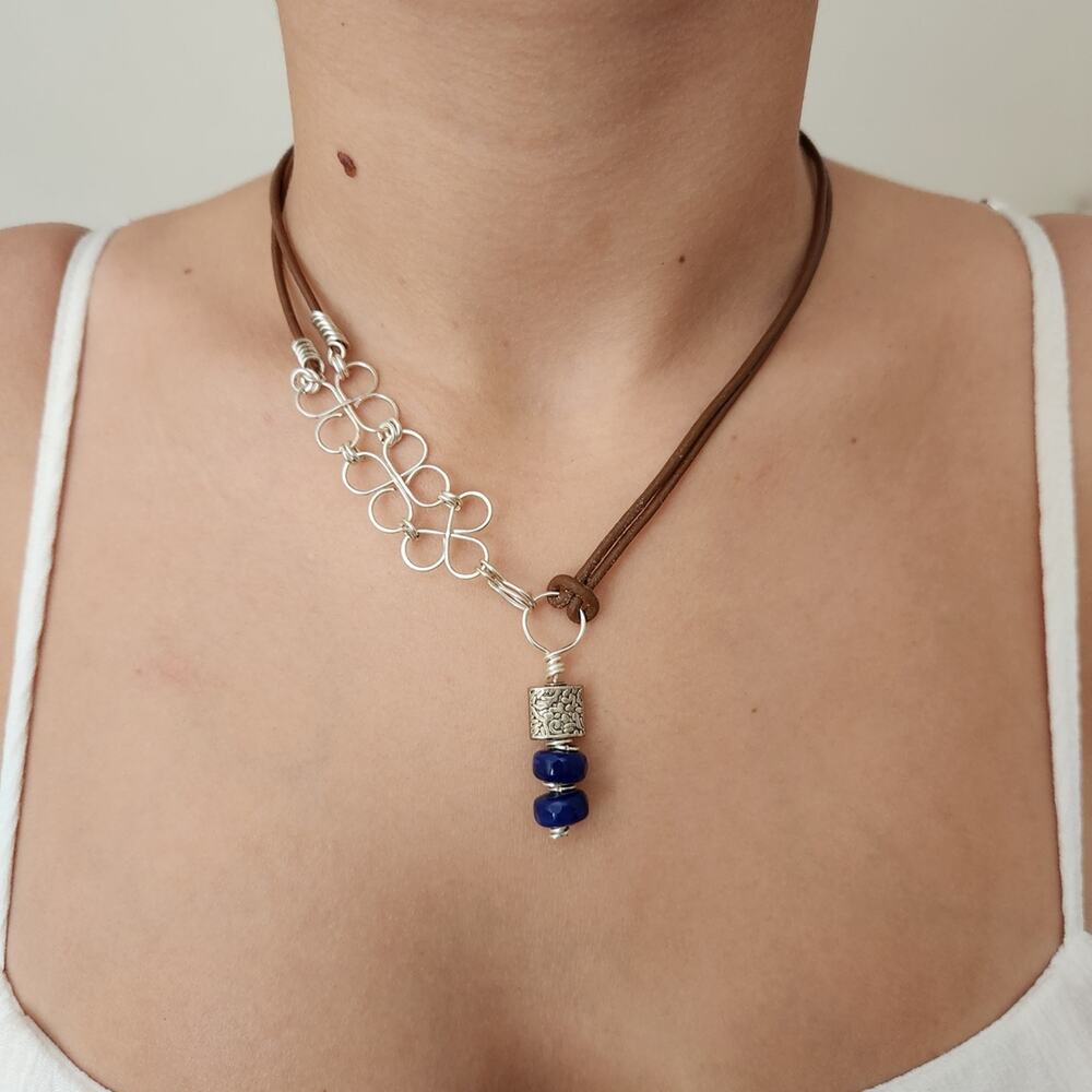 Boho Double Leather Cord Necklace with Cobalt Blue Glass Pendant